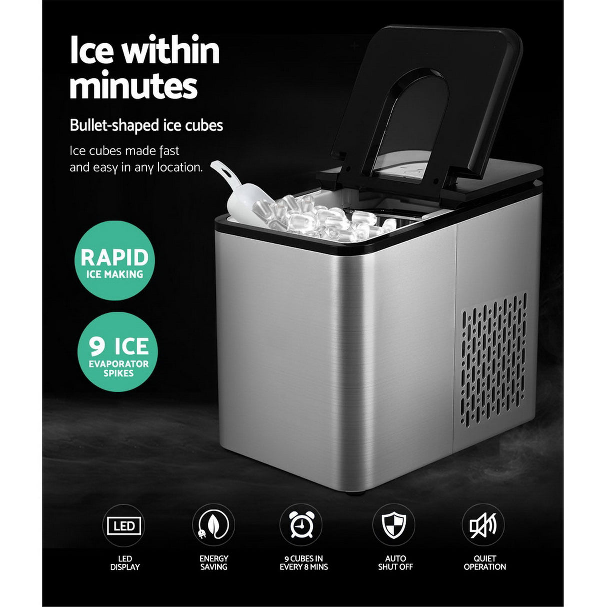 Portable 2.2L Ice Maker - 12KG Home & Bar Countertop Machine with LED Control, Silver Finish
