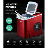DEVANTi Quick-Freeze Portable Ice Maker - 2L Countertop Ice Cube Generator in Red - Front View