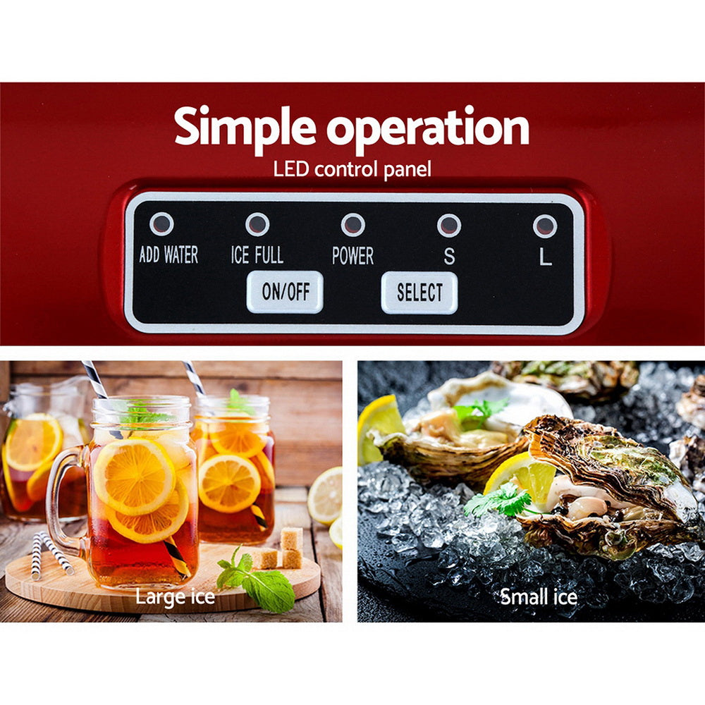 DEVANTi Quick-Freeze Portable Ice Maker - 2L Countertop Ice Cube Generator in Red