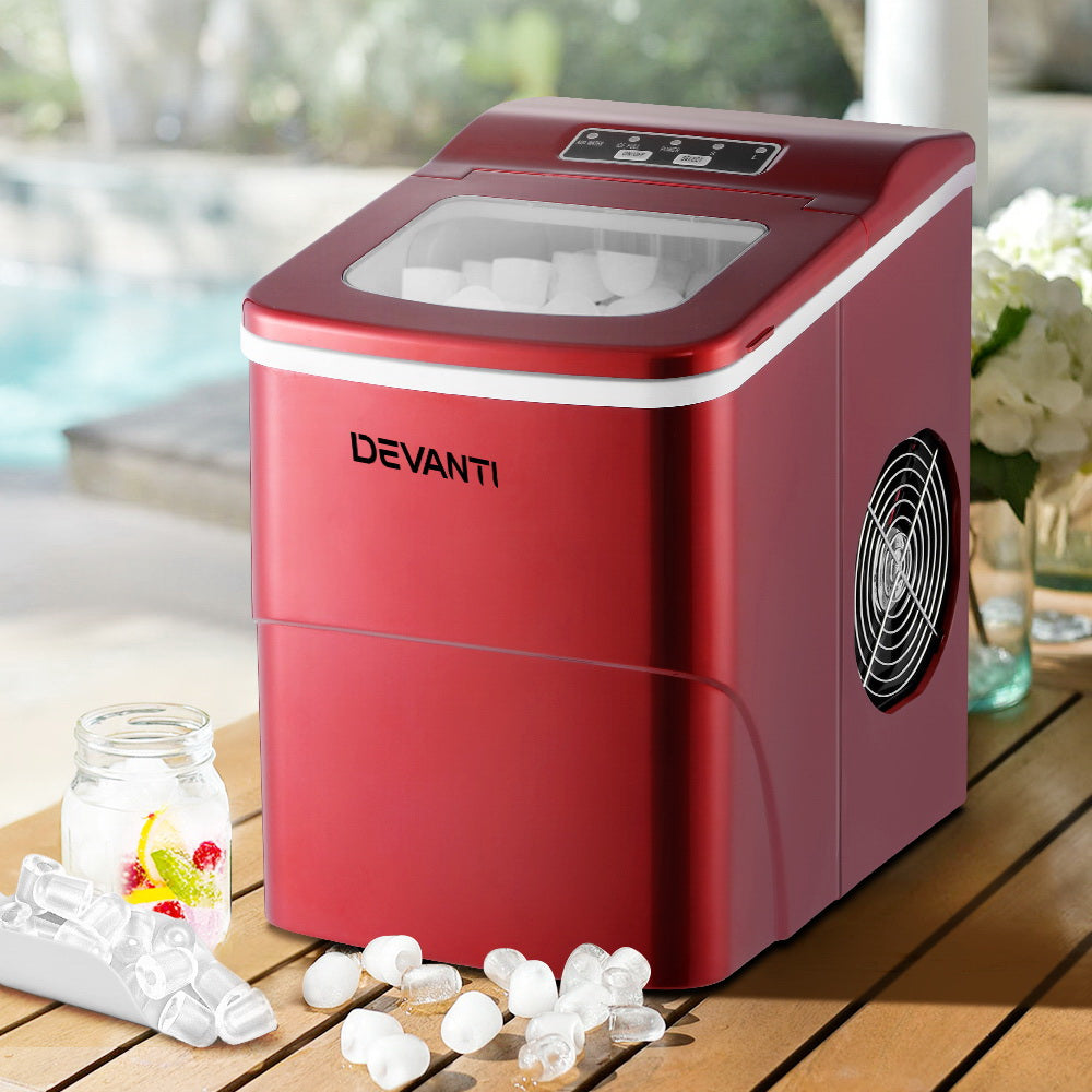 DEVANTi Quick-Freeze Portable Ice Maker - 2L Countertop Ice Cube Generator in Red
