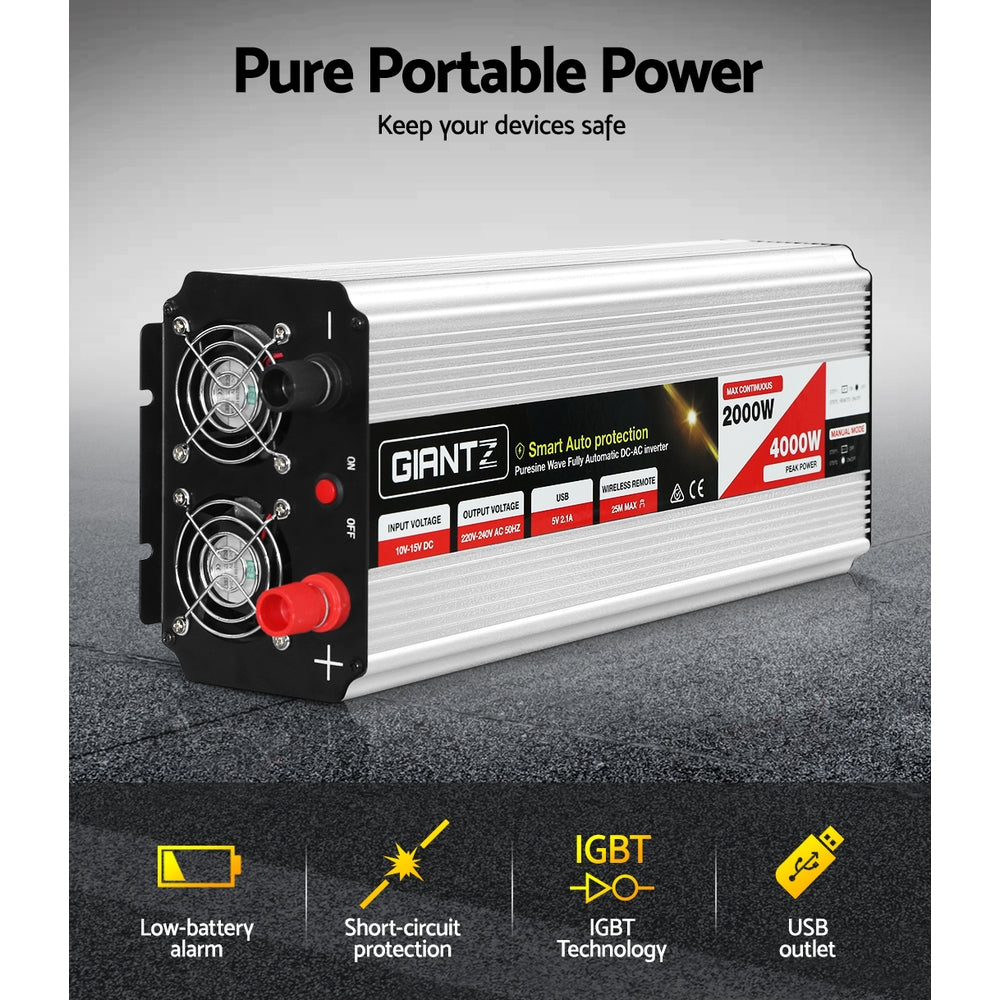 Giantz 2000W/4000W Pure Sine Wave Inverter for 12V to 240V Power Supply - Ideal for Camping, Boats, and Caravans