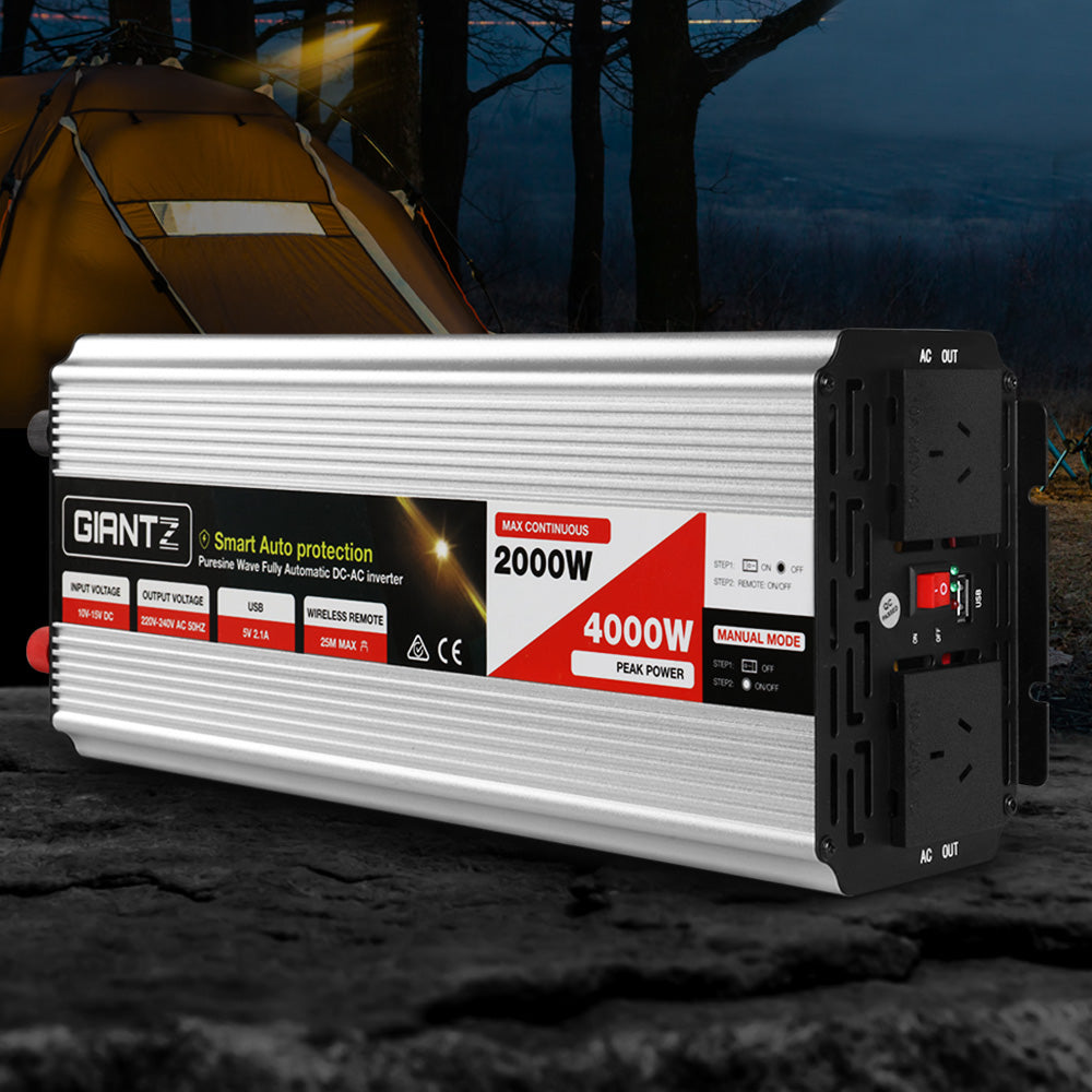 Giantz 2000W/4000W Pure Sine Wave Inverter for 12V to 240V Power Supply - Ideal for Camping, Boats, and Caravans