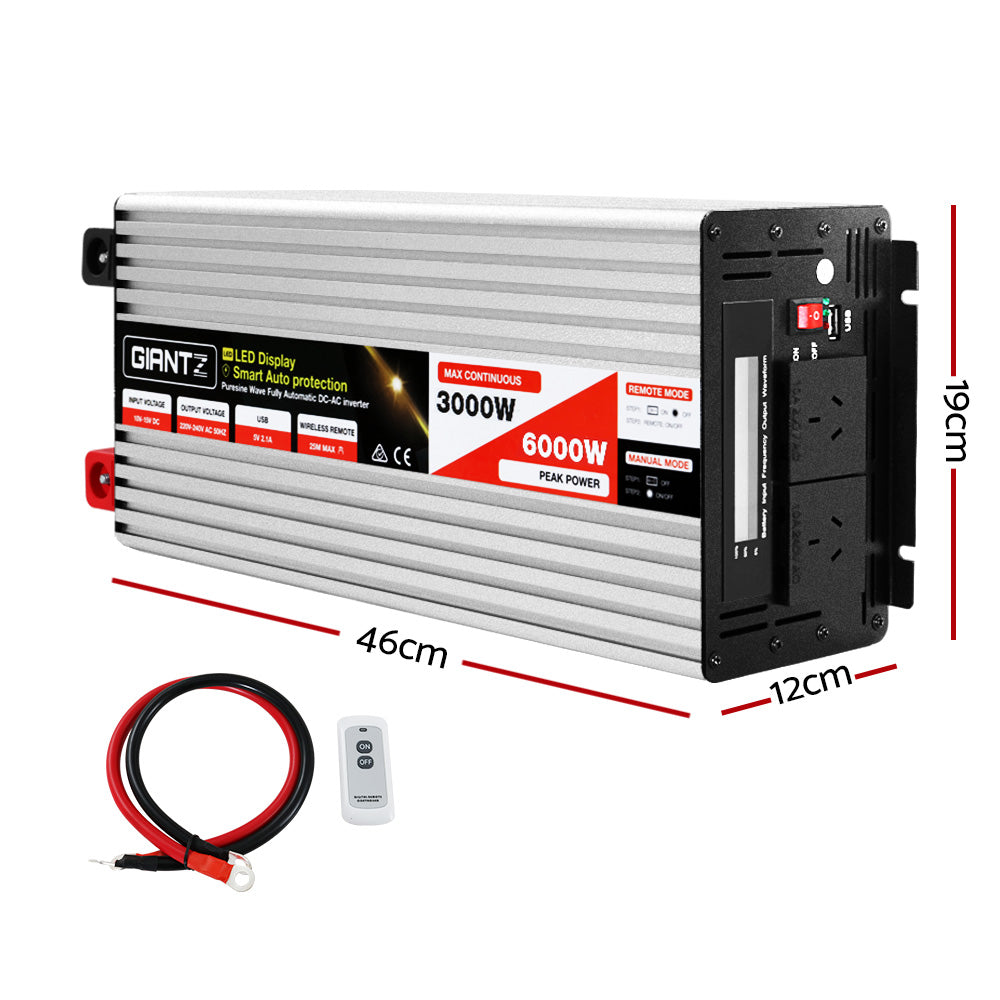 Giantz 3000W/6000W Pure Sine Wave Inverter for 12V to 240V - Ideal for Camping, Boats, and Caravans