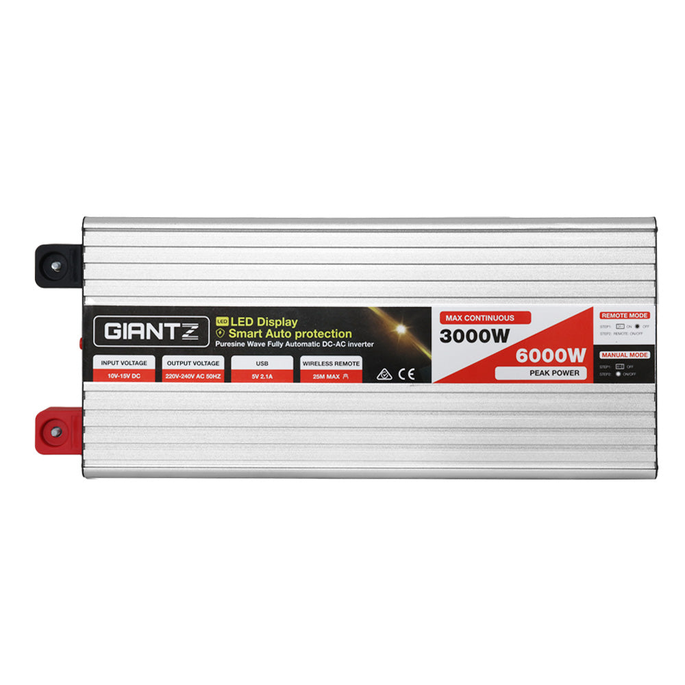 Giantz 3000W/6000W Pure Sine Wave Inverter for 12V to 240V - Ideal for Camping, Boats, and Caravans