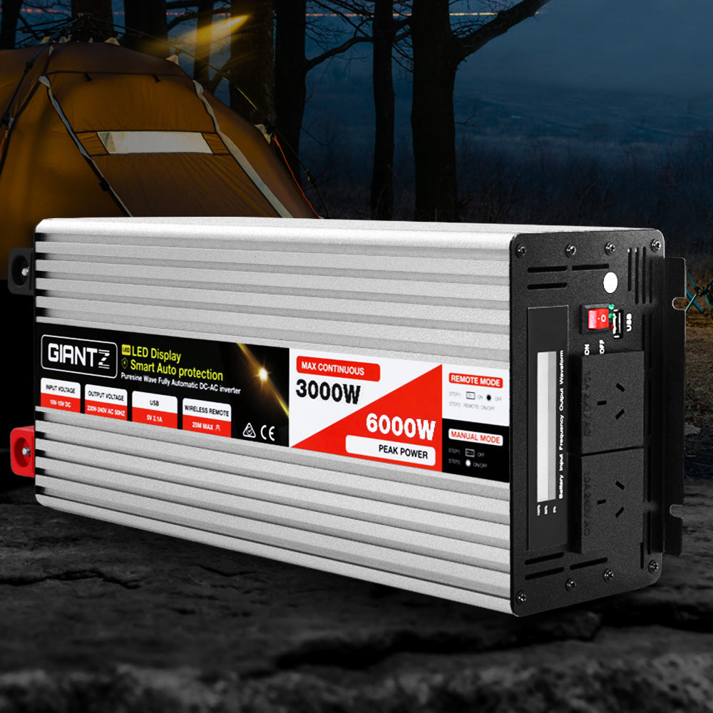Giantz 3000W/6000W Pure Sine Wave Inverter for 12V to 240V - Ideal for Camping, Boats, and Caravans