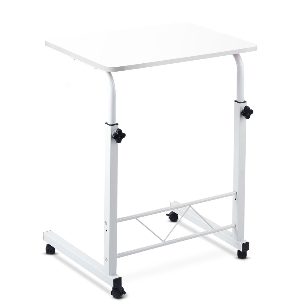 Portable White Mobile Laptop Desk with Adjustable Height and Lockable Wheels