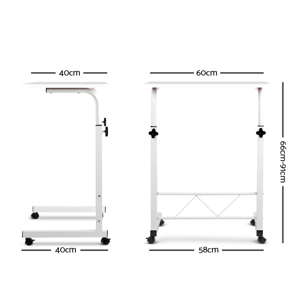 Portable White Mobile Laptop Desk with Adjustable Height and Lockable Wheels