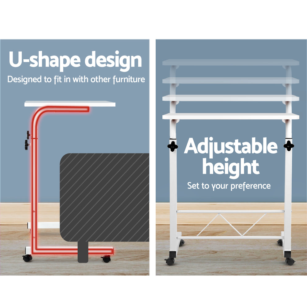 Portable White Mobile Laptop Desk with Adjustable Height and Lockable Wheels