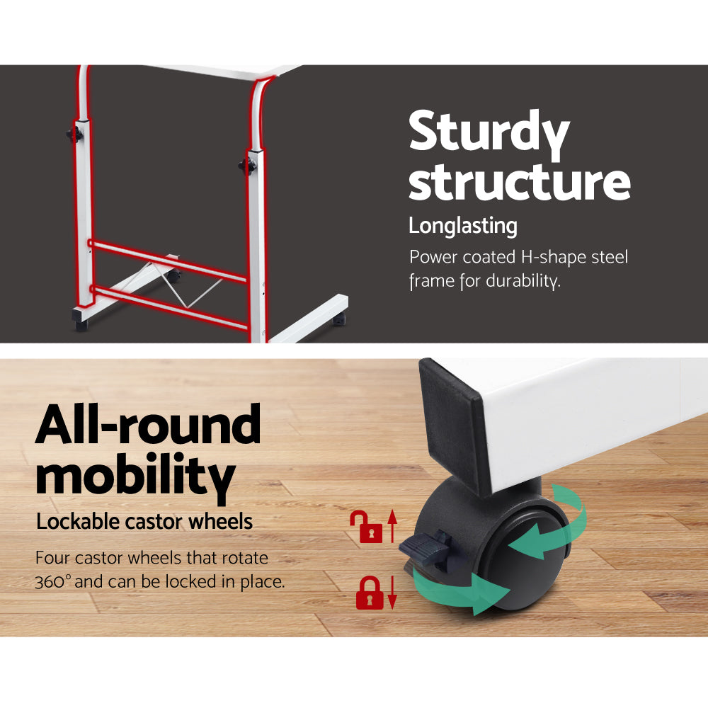 Portable White Mobile Laptop Desk with Adjustable Height and Lockable Wheels