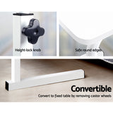 Portable White Mobile Laptop Desk with Adjustable Height and Lockable Wheels - Rear View