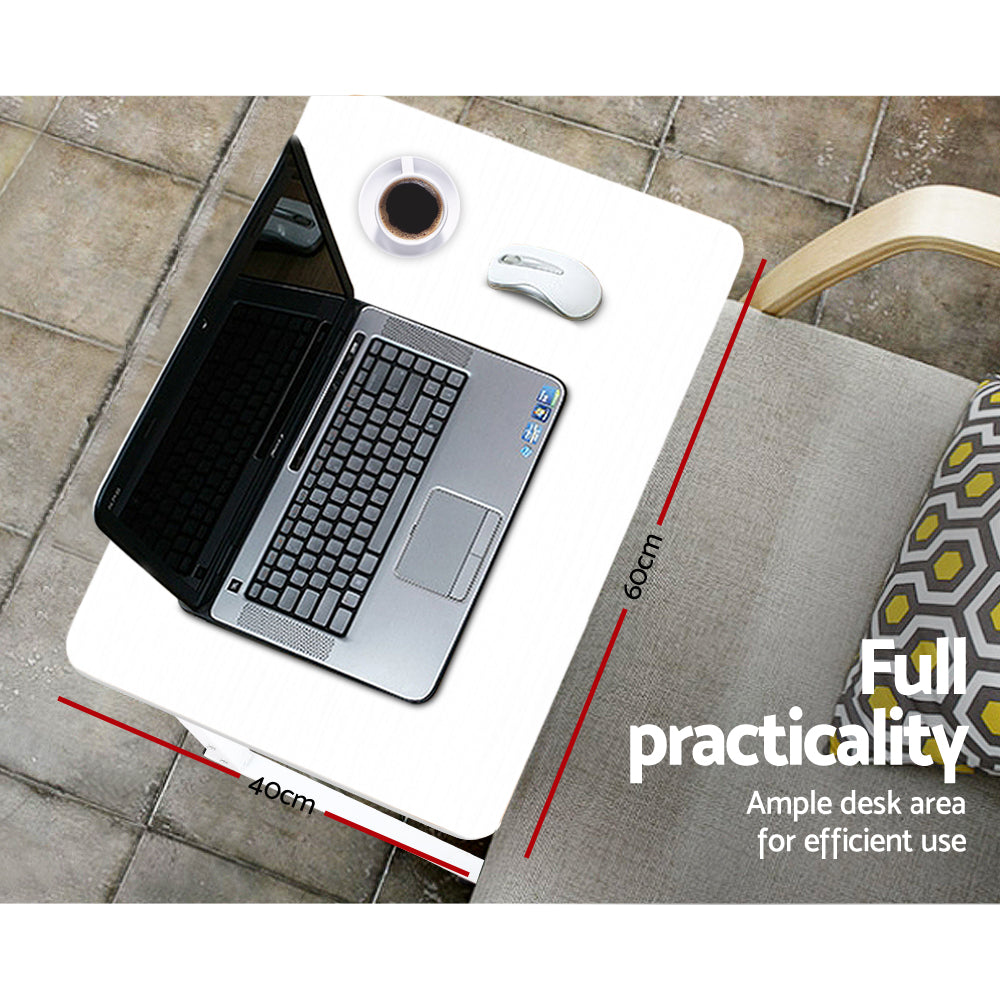 Portable White Mobile Laptop Desk with Adjustable Height and Lockable Wheels