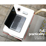 Portable White Mobile Laptop Desk with Adjustable Height and Lockable Wheels - Close-Up Angle