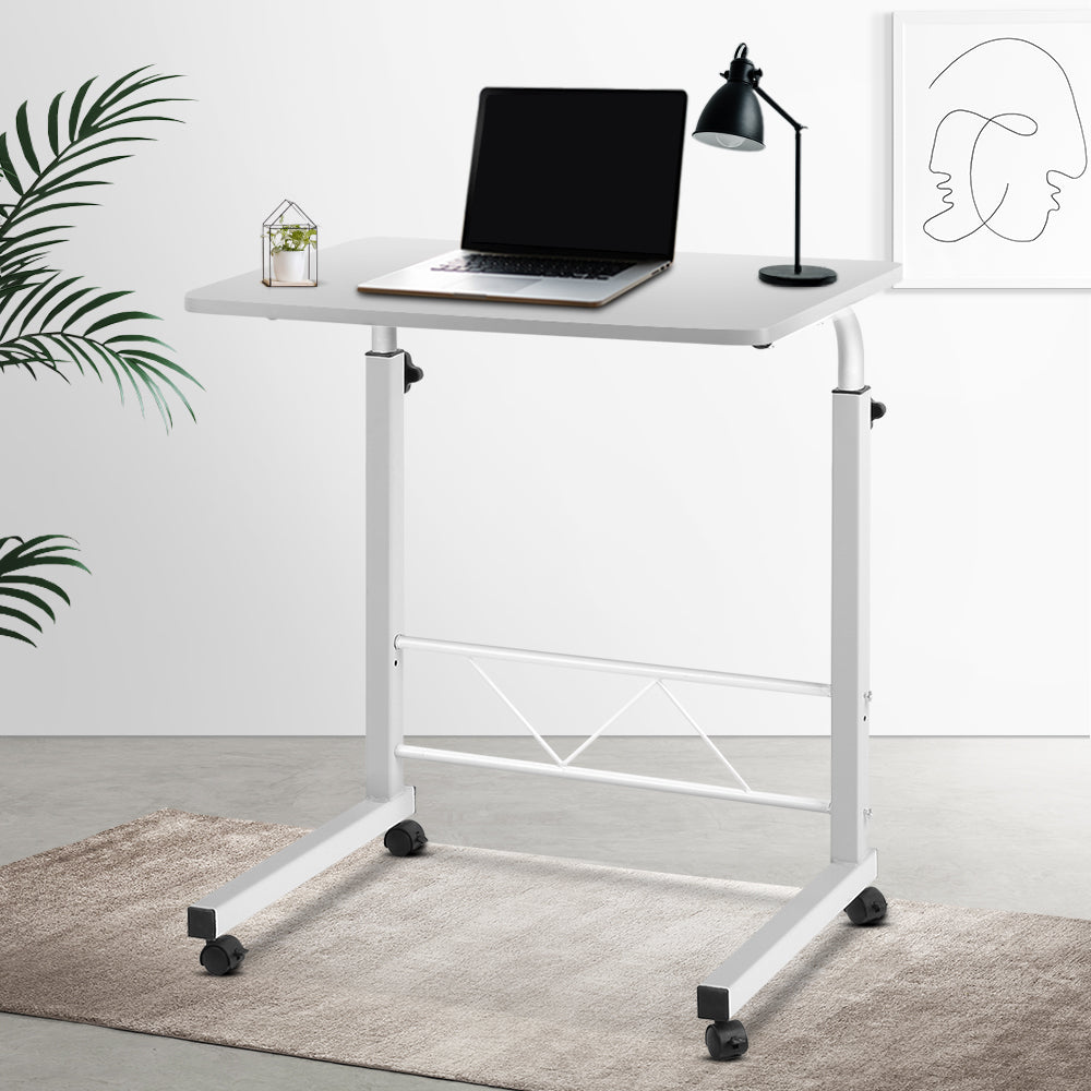 Portable White Mobile Laptop Desk with Adjustable Height and Lockable Wheels