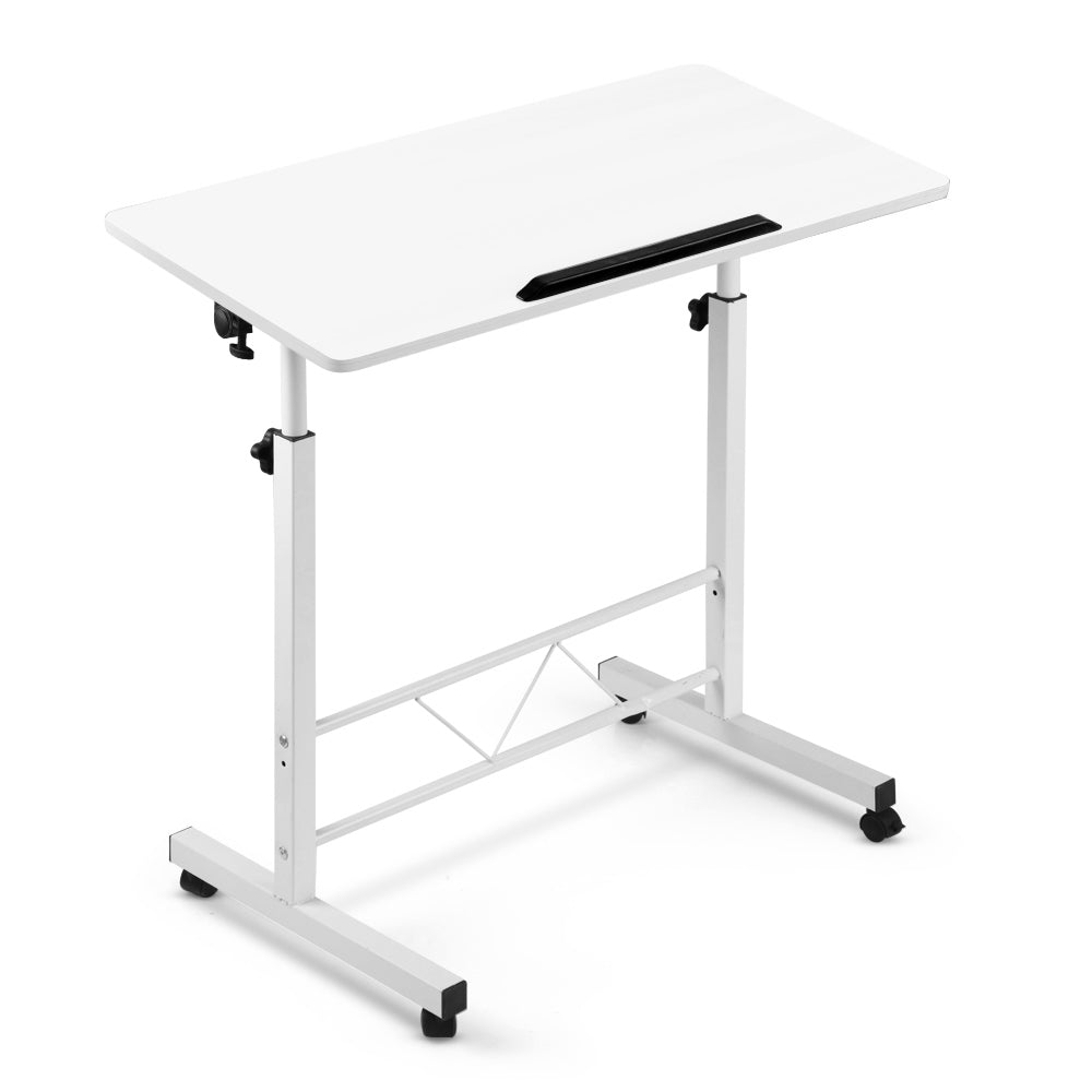 Height Adjustable Portable Laptop Desk with Tilting Top and Wheels - Versatile Mobile Workstation in White