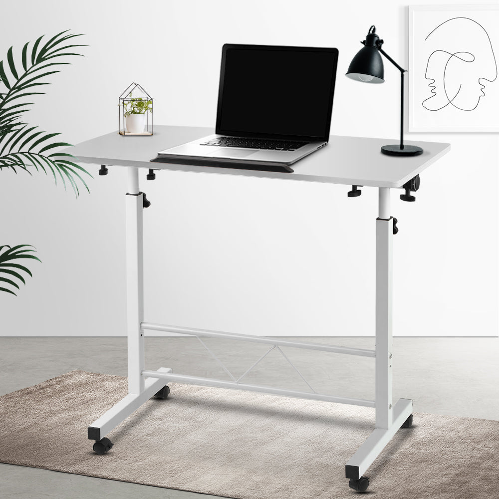 Height Adjustable Portable Laptop Desk with Tilting Top and Wheels - Versatile Mobile Workstation in White