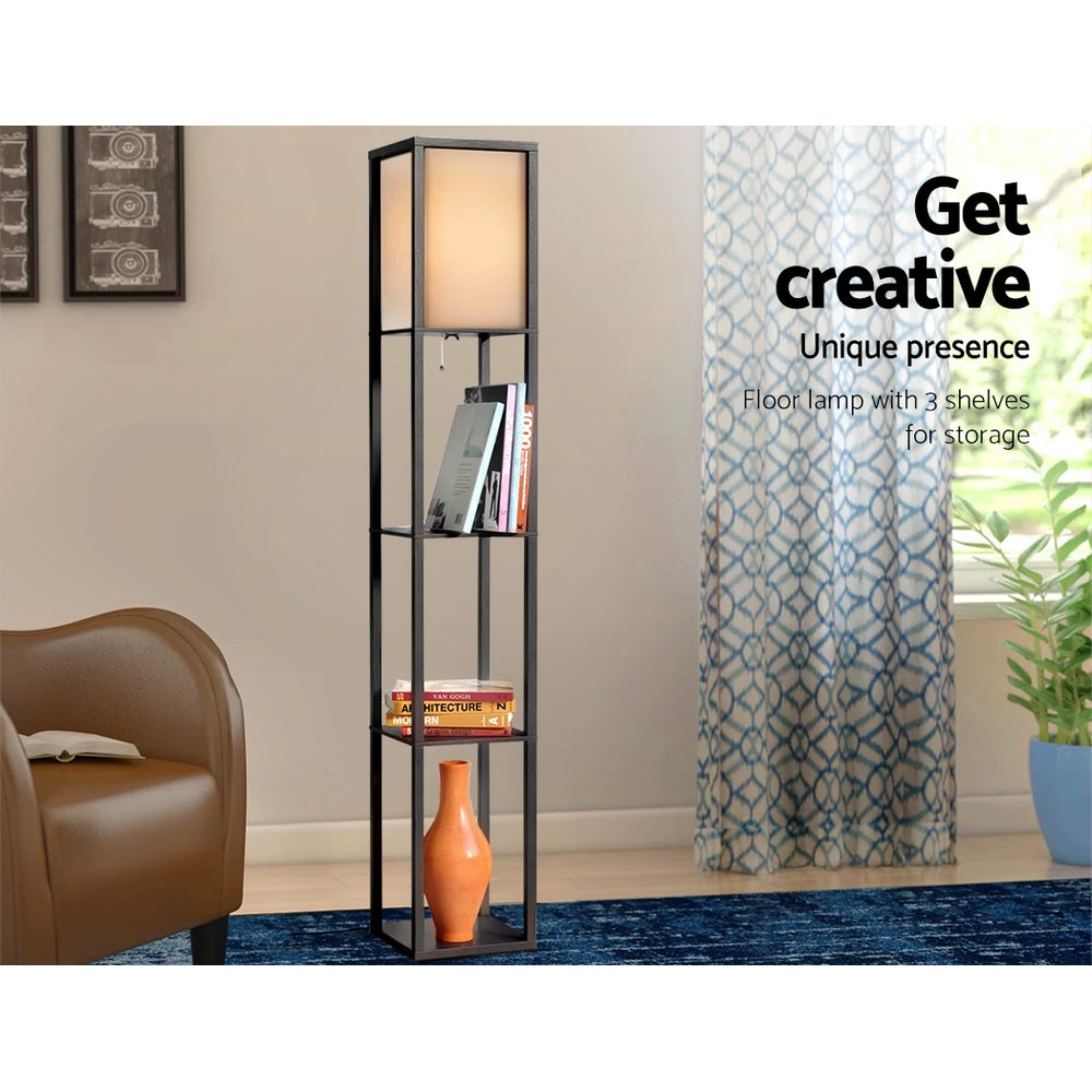 Vintage Wood LED Floor Lamp with Shelves for Reading and Storage