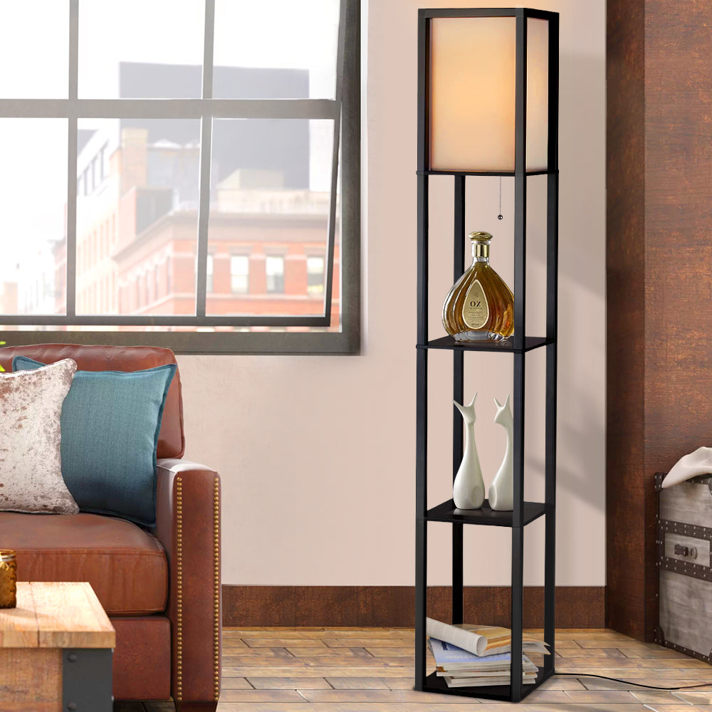 Vintage Wood LED Floor Lamp with Shelves for Reading and Storage
