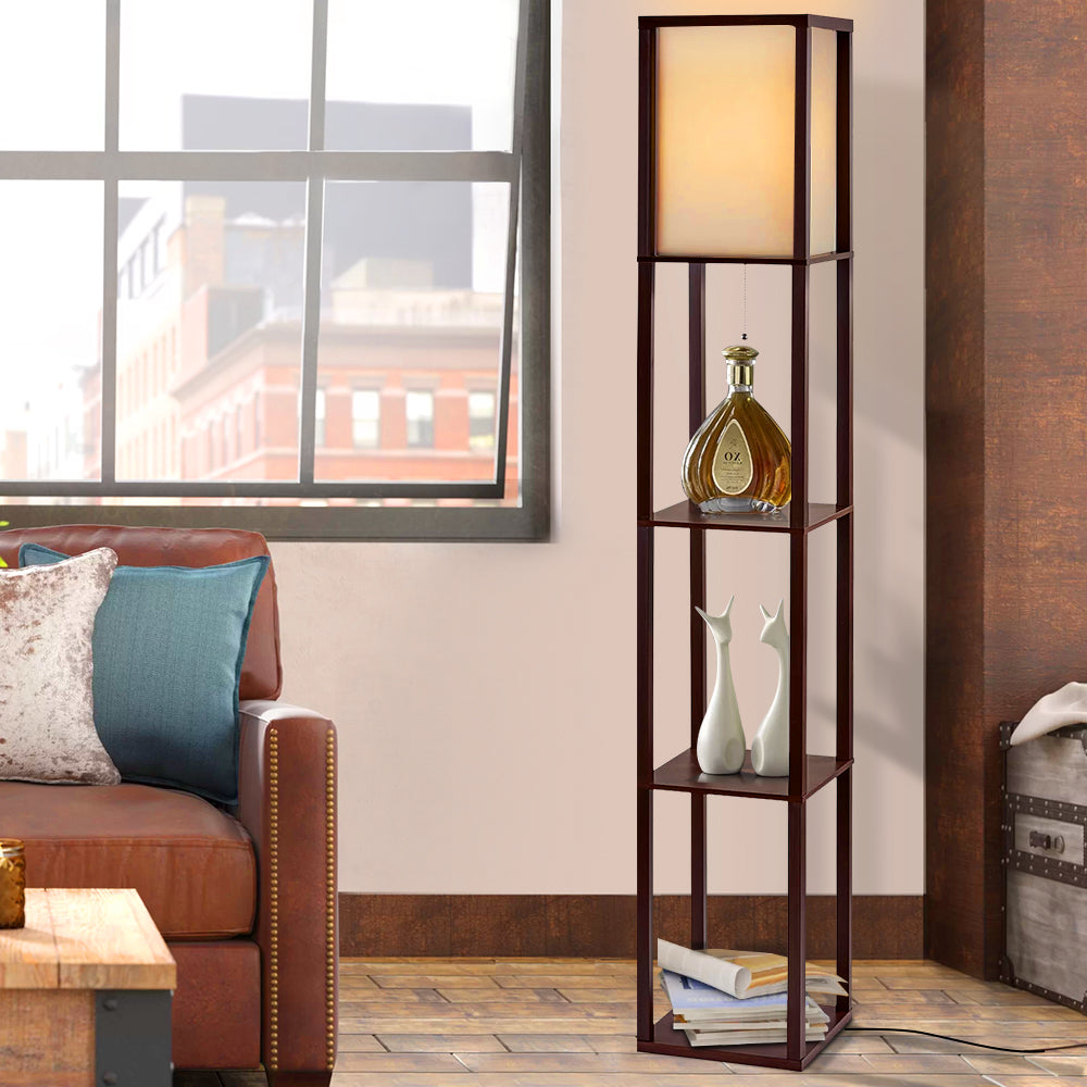Vintage Style Shelf Floor Lamp with Wood Storage Organizer and Pull-String Switch