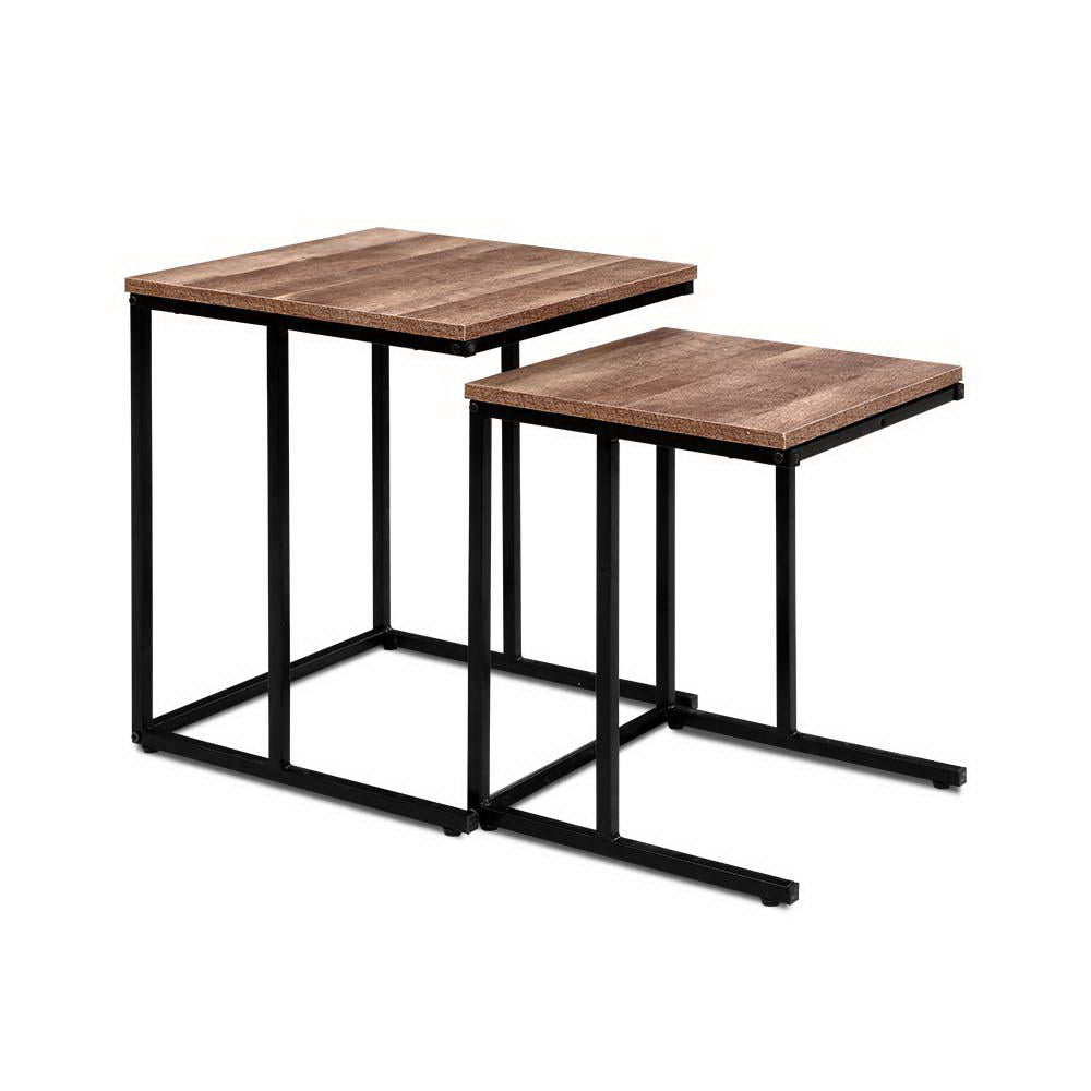Industrial Rustic Nesting Side Tables with Wooden Top and Metal Frame