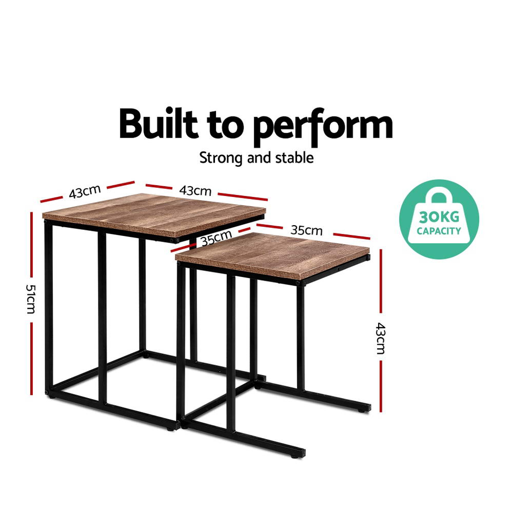 Industrial Rustic Nesting Side Tables with Wooden Top and Metal Frame