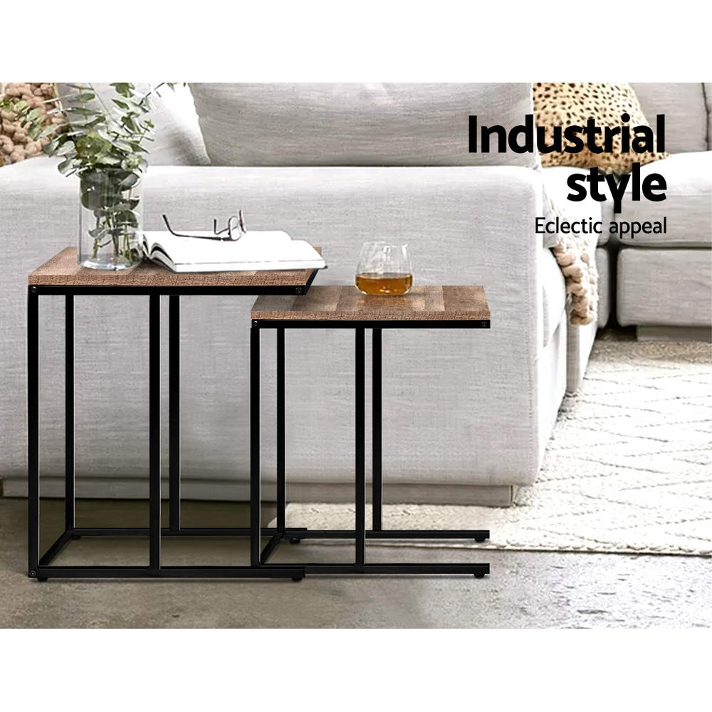 Industrial Rustic Nesting Side Tables with Wooden Top and Metal Frame