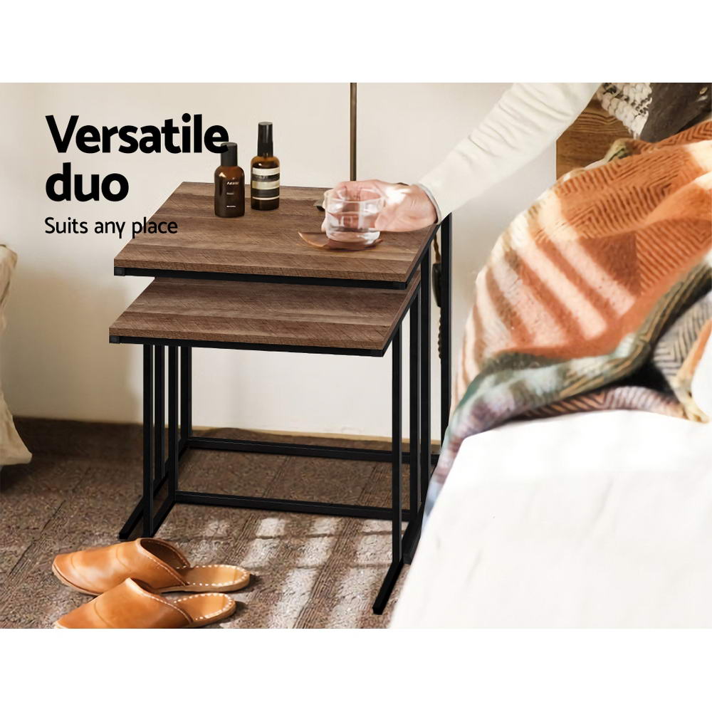 Industrial Rustic Nesting Side Tables with Wooden Top and Metal Frame