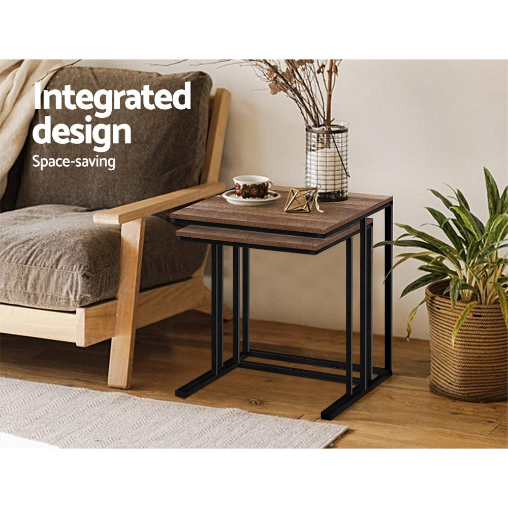 Industrial Rustic Nesting Side Tables with Wooden Top and Metal Frame