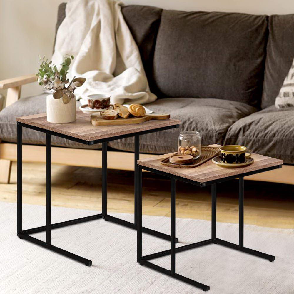 Industrial Rustic Nesting Side Tables with Wooden Top and Metal Frame