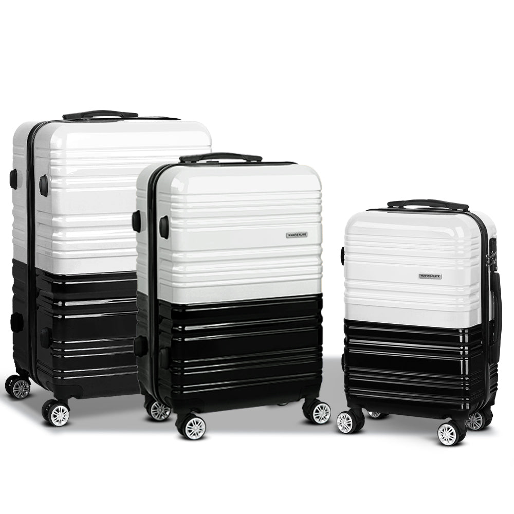 Wanderlite Ultra-Light 3-Piece Hard Shell Travel Luggage Set - Elegant Black & White Style
