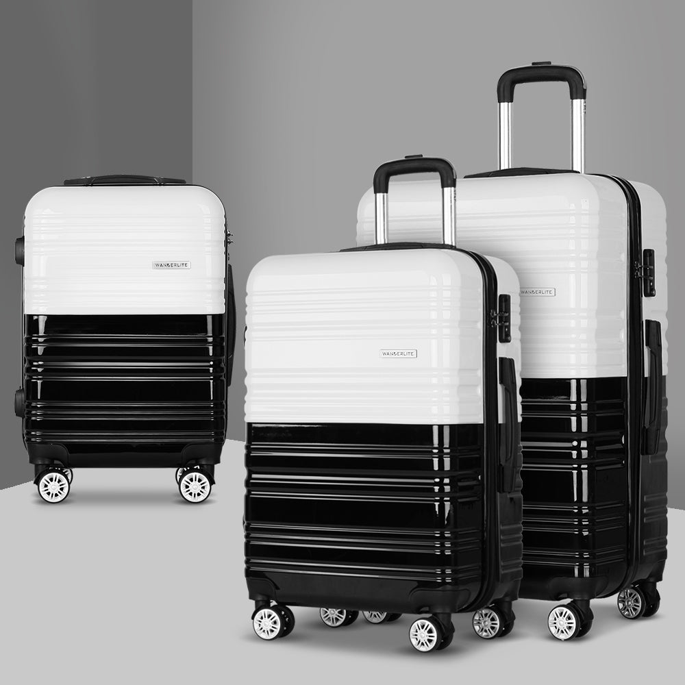 Wanderlite Ultra-Light 3-Piece Hard Shell Travel Luggage Set - Elegant Black & White Style