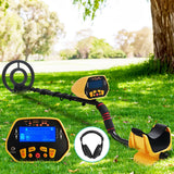Yellow LCD Metal Detector with Headphones for Beach and Treasure Hunting - Close-Up Angle