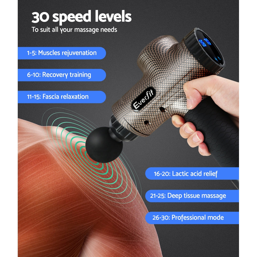 Everfit Percussion Massage Gun with LCD Display and 6 Customizable Attachments for Deep Tissue Relief