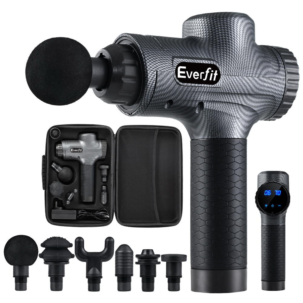Everfit Percussion Massage Gun with 6 Interchangeable Heads and LCD Display for Muscle Relief