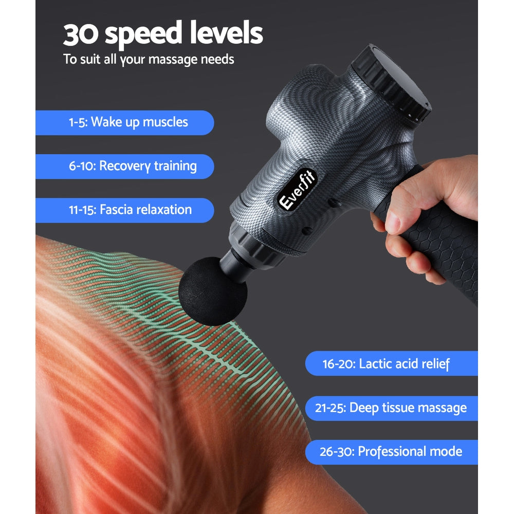 Everfit Percussion Massage Gun with 6 Interchangeable Heads and LCD Display for Muscle Relief