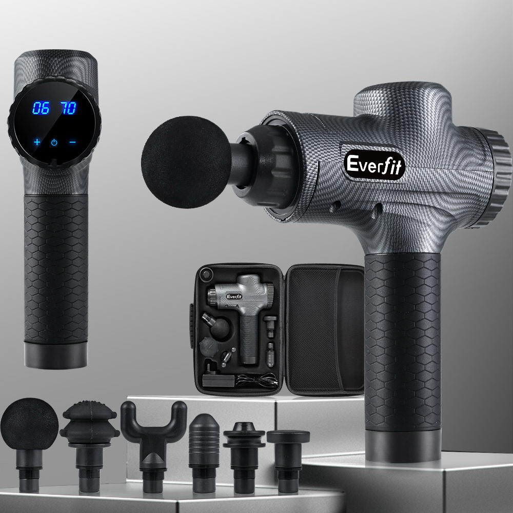 Everfit Percussion Massage Gun with 6 Interchangeable Heads and LCD Display for Muscle Relief