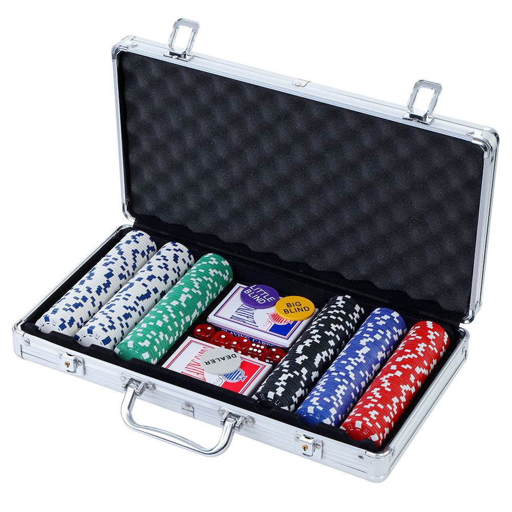 Deluxe 300-Piece Poker Chip Set for Texas Hold'em with Dice and Cards in Lockable Aluminum Case