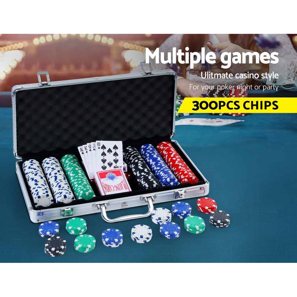 Deluxe 300-Piece Poker Chip Set for Texas Hold'em with Dice and Cards in Lockable Aluminum Case