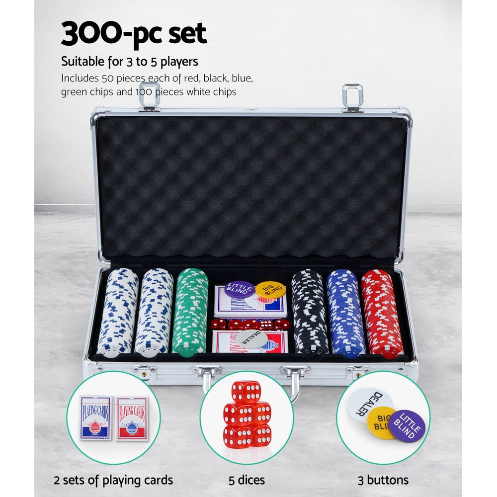 Deluxe 300-Piece Poker Chip Set for Texas Hold'em with Dice and Cards in Lockable Aluminum Case