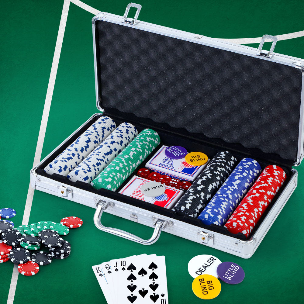 Deluxe 300-Piece Poker Chip Set for Texas Hold'em with Dice and Cards in Lockable Aluminum Case