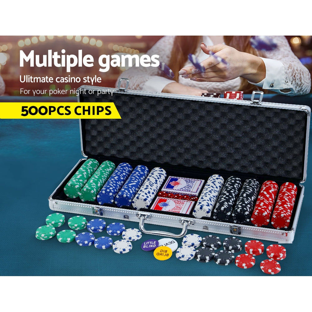 Deluxe 500-Piece Poker Chip Set with Cards, Dice, and Lockable Aluminum Case for Texas Hold'em Casino Games