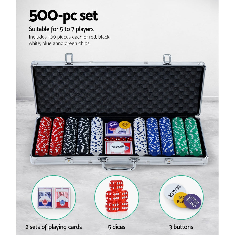 Deluxe 500-Piece Poker Chip Set with Cards, Dice, and Lockable Aluminum Case for Texas Hold'em Casino Games