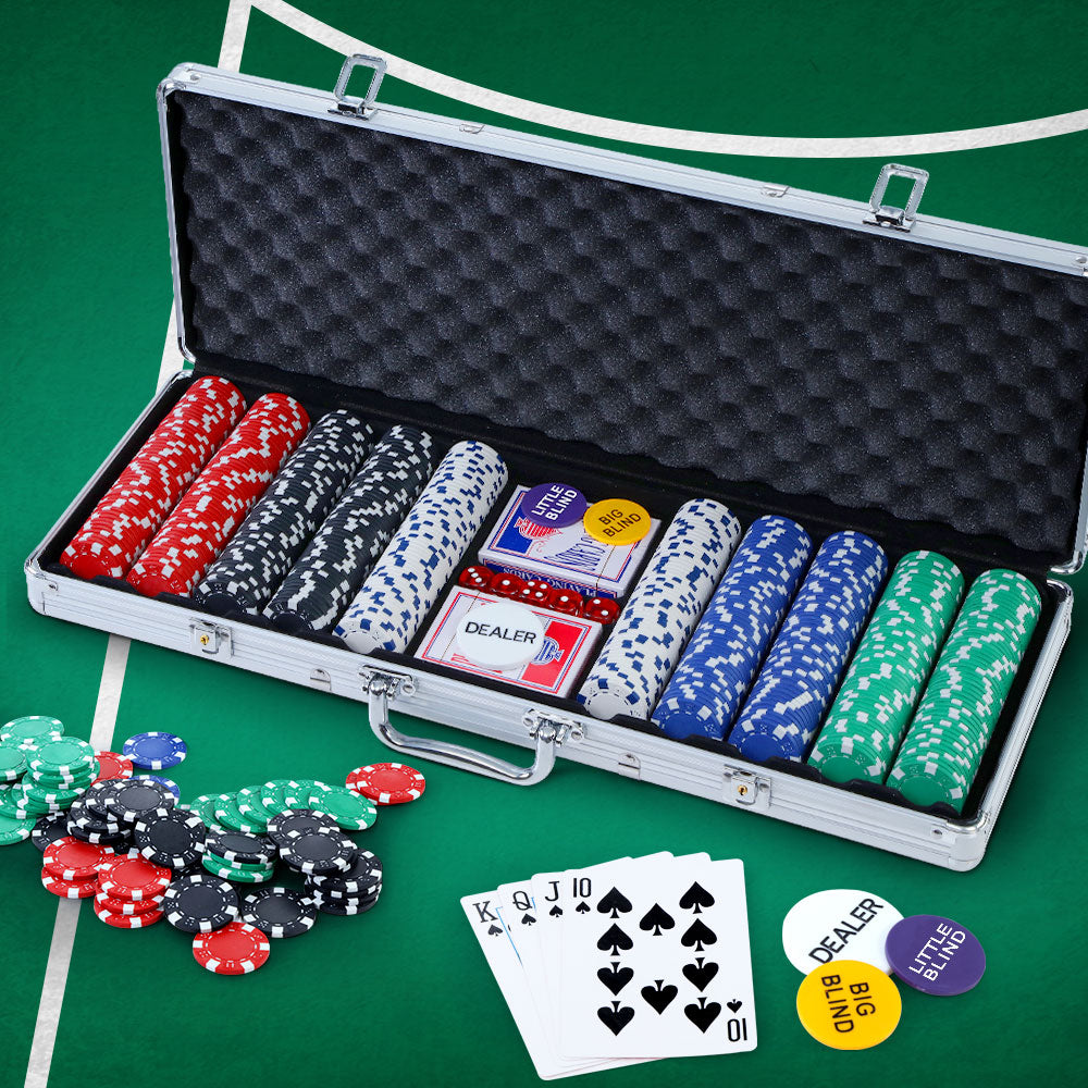 Deluxe 500-Piece Poker Chip Set with Cards, Dice, and Lockable Aluminum Case for Texas Hold'em Casino Games