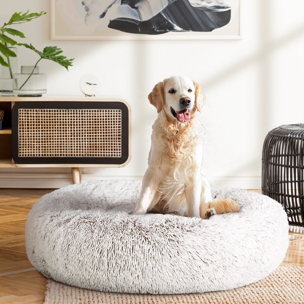 Luxury i.Pet Large Dog and Cat Bed - 90cm White with Brown Accents
