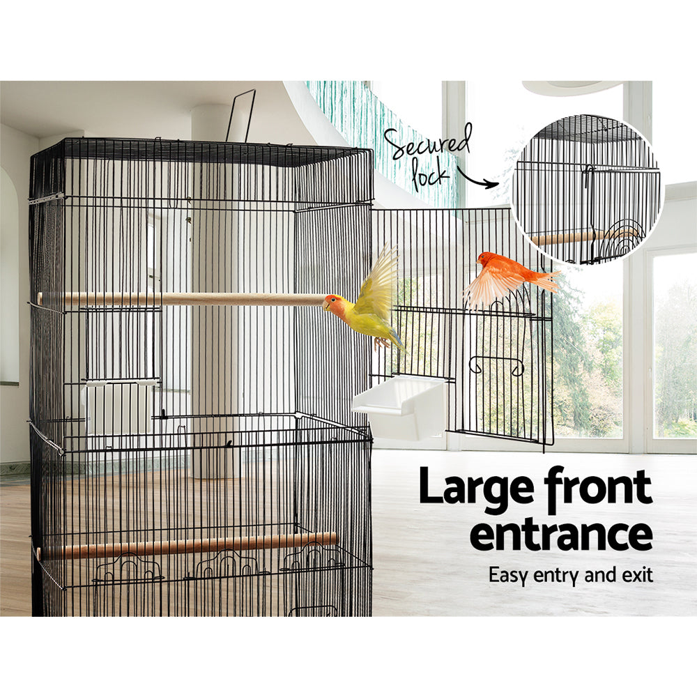 Deluxe Black Wrought Iron Bird Cage for Medium Birds with Perches and Feeders