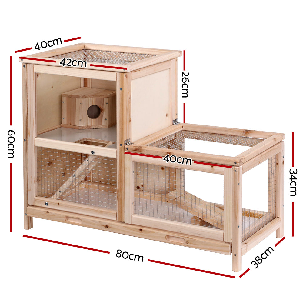 Large Wooden Two-Tier Pet Hutch for Hamsters, Guinea Pigs, and Ferrets - 80cm x 40cm x 60cm