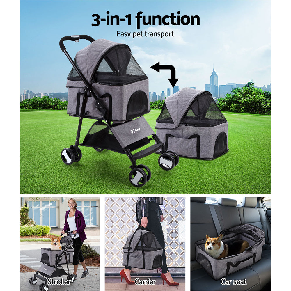 i.Pet Multi-Functional Grey Pet Stroller - Foldable Dog Carrier & Car Seat 3-in-1