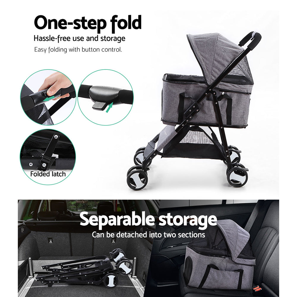 i.Pet Multi-Functional Grey Pet Stroller - Foldable Dog Carrier & Car Seat 3-in-1