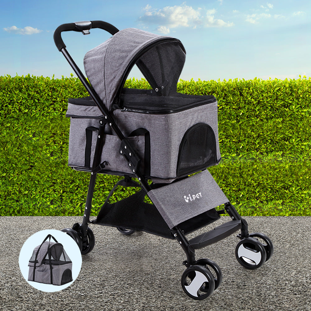 i.Pet Multi-Functional Grey Pet Stroller - Foldable Dog Carrier & Car Seat 3-in-1