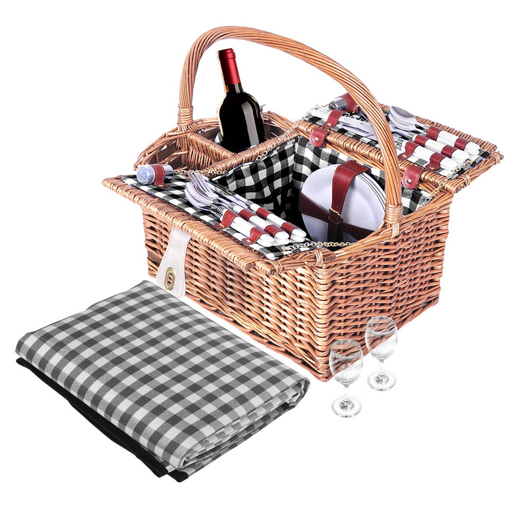 Deluxe 4-Person Insulated Picnic Basket Set with Matching Blanket for Outdoor Fun