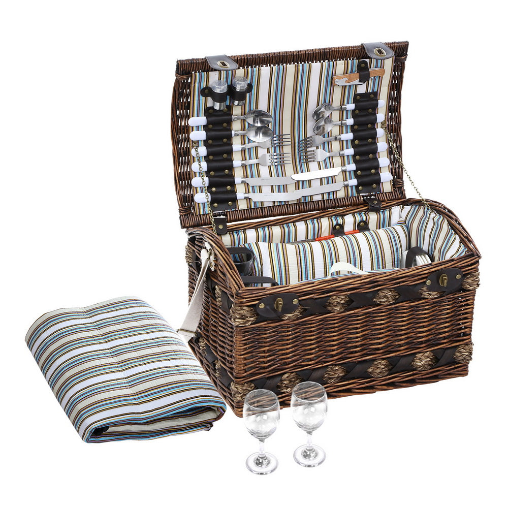 Deluxe 4-Person Insulated Picnic Basket with Wicker Baskets and Matching Blanket